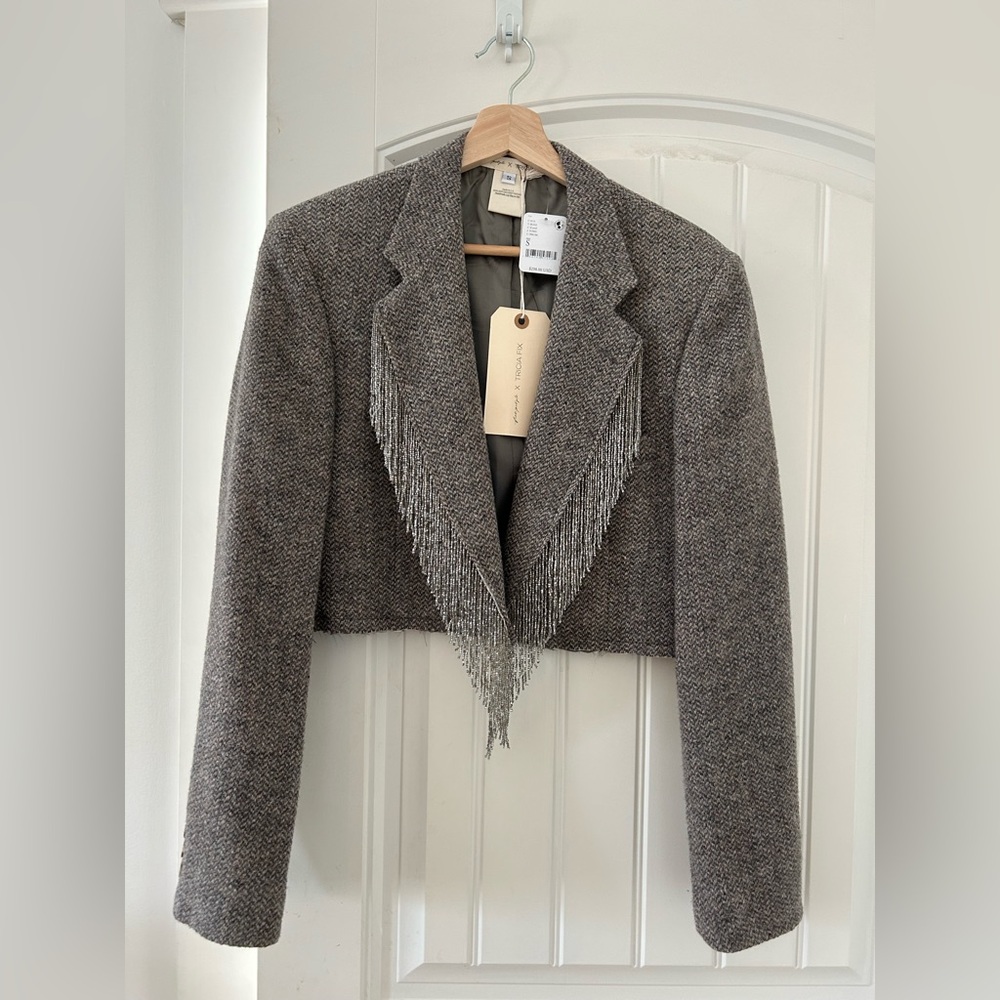 Free People Cropped Tweed Fringe Blazer in Gray
